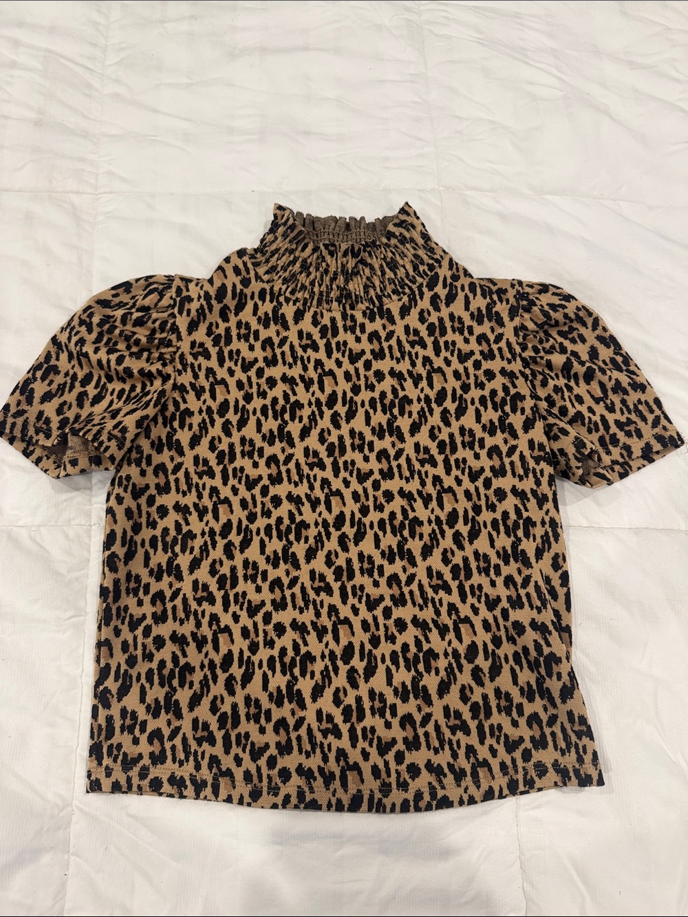 Zara Leopard Print Smocked Neck Puff Sleeve Top - Tan/Black